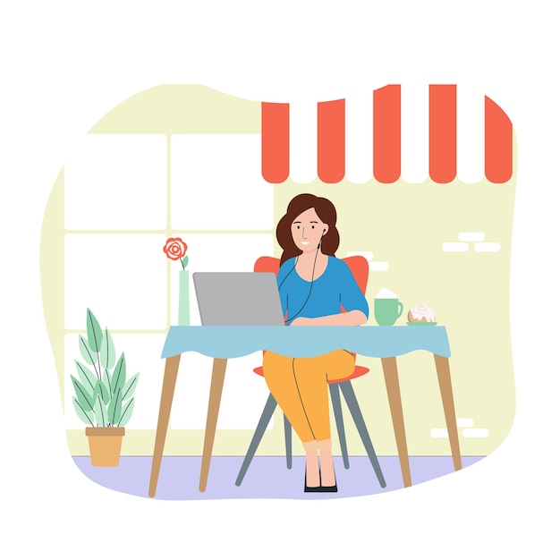 노트북 플랫 스타일 벡터 illustratio를 사용하여 의자에 앉아 카페에서 일하거나 공부하는 소녀