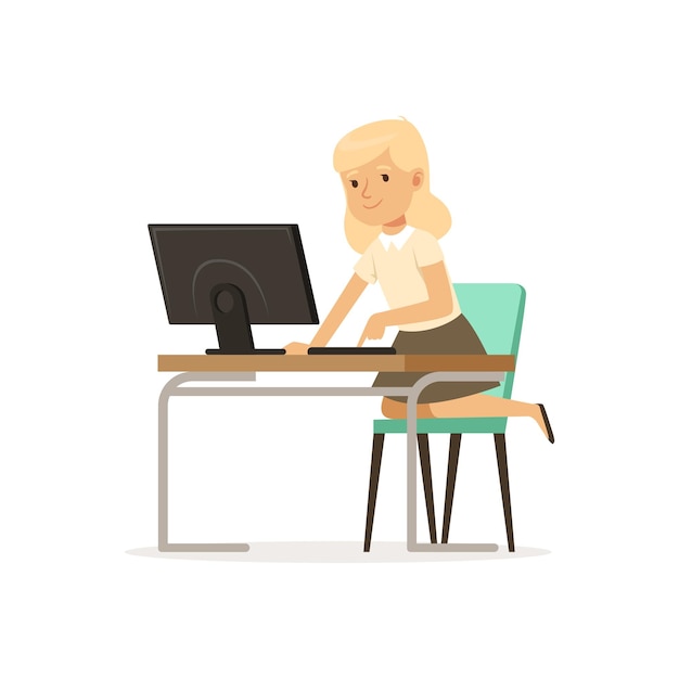 Girl sitting at computer pupil of elementary school at informatics lesson at school vector Illustration on a white background