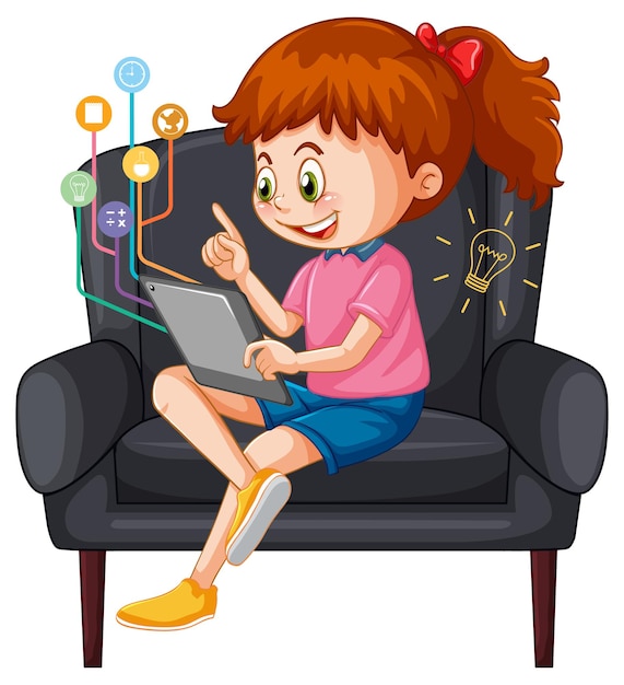 Girl sitting on couch learning from tablet