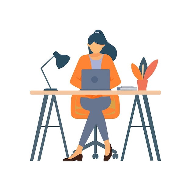 Vector girl sitting at desk with laptop flat vector
