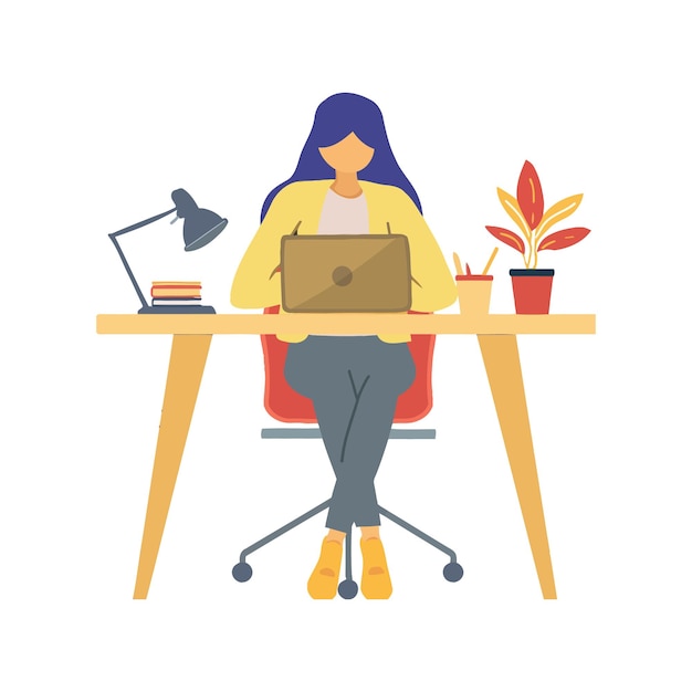 Girl sitting at desk with laptop flat vector