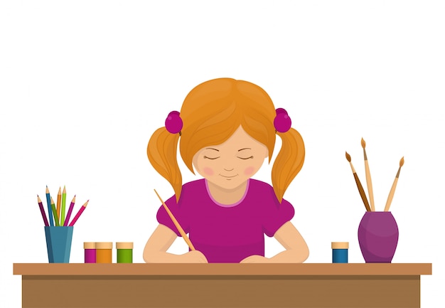 Vector girl sitting and drawing at the table. child draws, young artist.