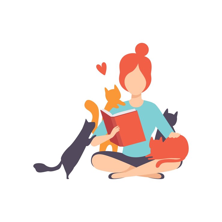 Vector girl sitting on the floor and reading a book surrounded by many cats adorable pets and their owner
