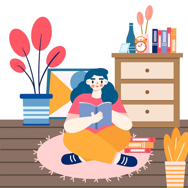 An  girl sitting on the floor of a room reading and studying