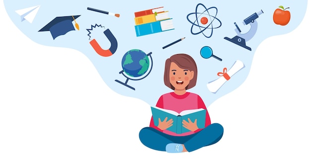 Vector girl sitting on the floor with opened book school icons around