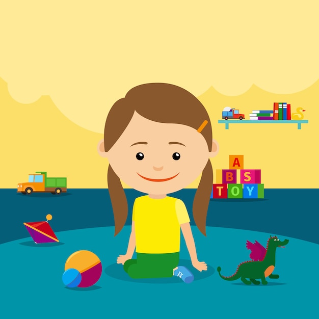 Vector girl sitting on floor with toys