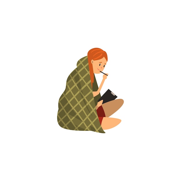 Vector girl sitting on the floor wrapped in a blanket and drawing on paper attached to a clipboard vector
