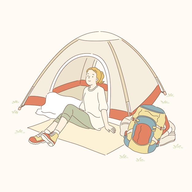 Girl sitting in front of camping tent, line art style