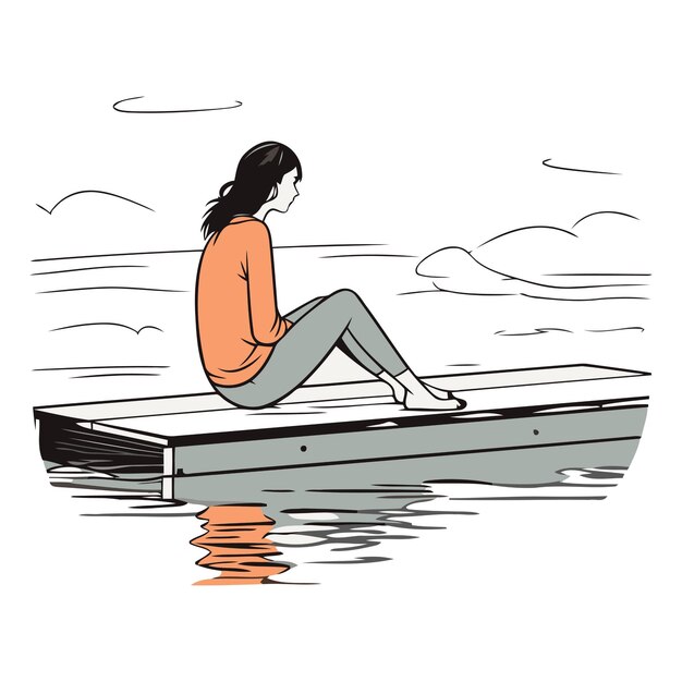 Vector girl sitting on a jetty in the lake