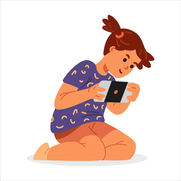 Вектор девушка сидит на коленях и играет в смартфон.