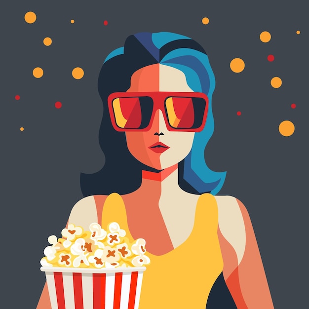 Vector girl sitting in movie theater vector flat illustration girl in 3d glasses with popcorn while watchi