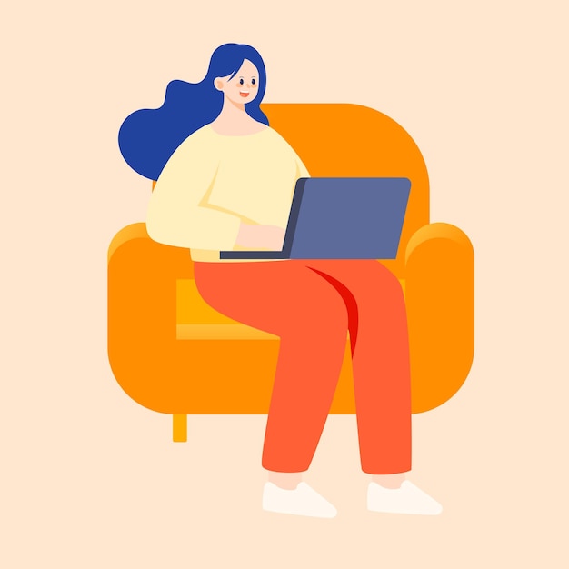 Девушка сидит на диване и работает с окном компьютера и часами на фоне векторной иллюстрации
