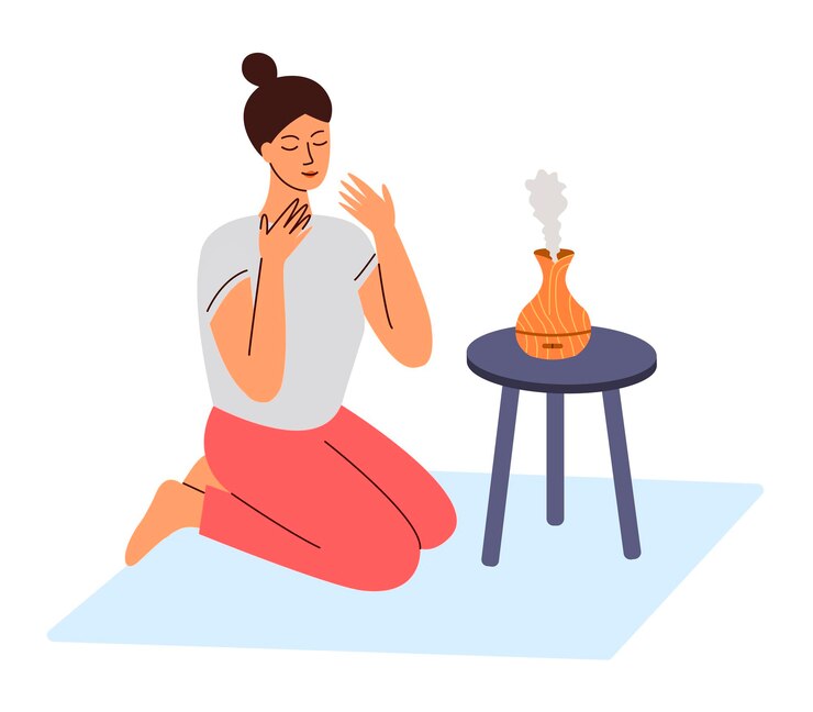 Vector girl sitting opposite aroma diffuser of essential perfume oil enjoying smell fragrance