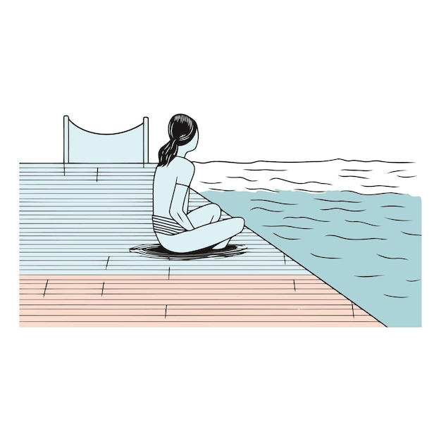 Girl sitting on the pier and meditating in cartoon style