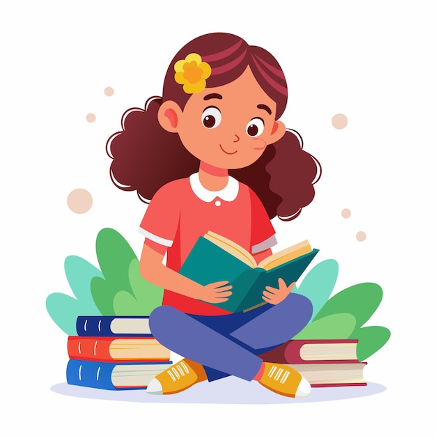 Vector a girl sitting on a pile of books with a flower in her hair