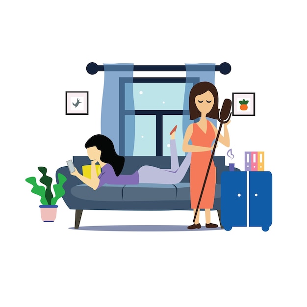 Girl sitting in the room on the sofa playing Music. Vector flat illustration.template, cartoon style