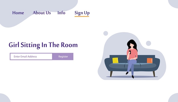 A girl sitting in the room on the sofa playing with gadget. vector flat illustration.landing page template, cartoon style
