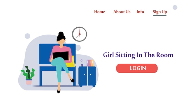 Una ragazza seduta nella stanza sul divano lavora al laptop. vector flat illustration.landing page template, cartoon style
