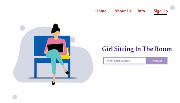 Vector a girl sitting in the room on the sofa work on the laptop. vector flat illustration.landing page template, cartoon style