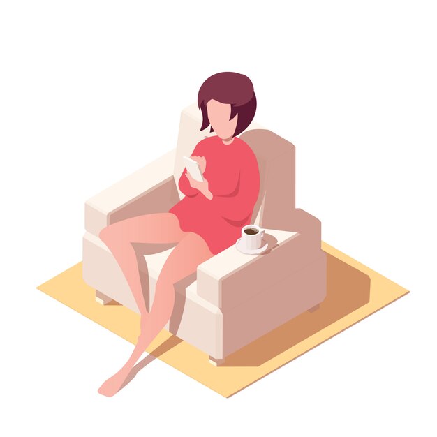 girl sitting on sofa and holding smartphone.