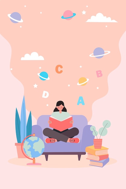 A girl sitting on the sofa reading a book