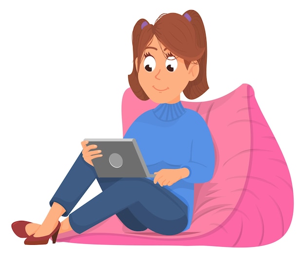 Girl sitting on soft chair with laptop cozy home time