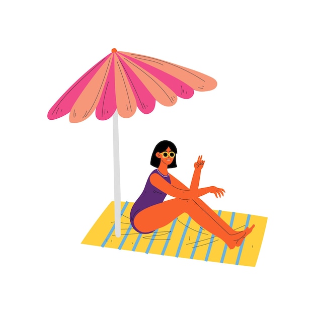 Girl Sitting Under Sunshade Parasol Beautiful Woman Relaxing at Beach on Summer Vacation Vector Illustration on White Background