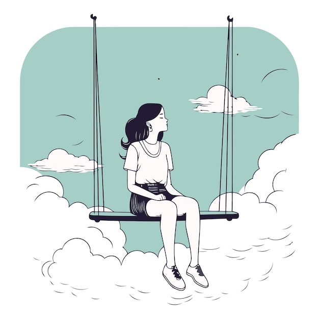 Vector girl sitting on a swing in the clouds in a flat style