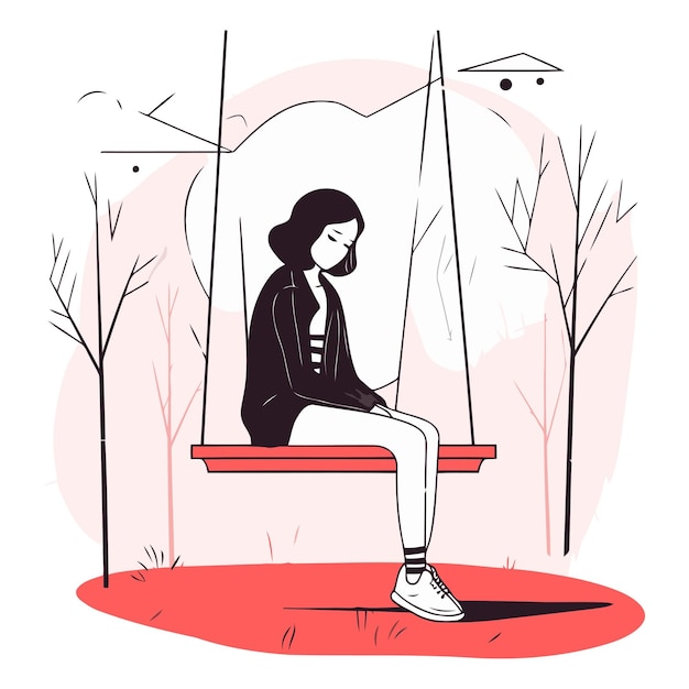 Vector girl sitting on a swing in the park in flat style