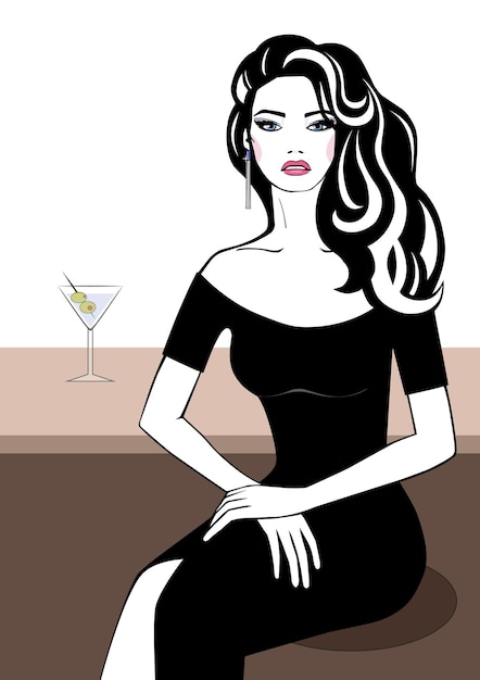 Girl sitting at the table with a cocktail Vector illustration