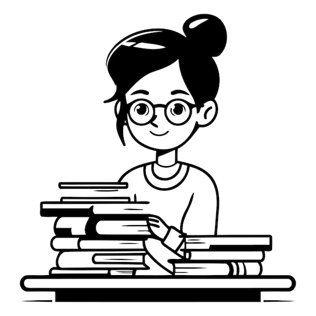 Girl sitting at the table with a pile of books Flat vector illustration