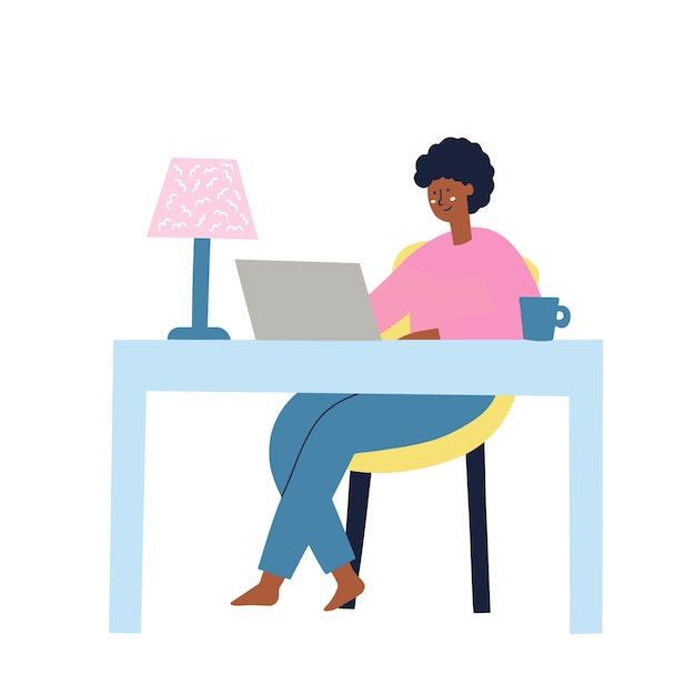 Girl sitting at the table working on the laptop. Freelance, work at home concept. HAnd drawn vector illustration.