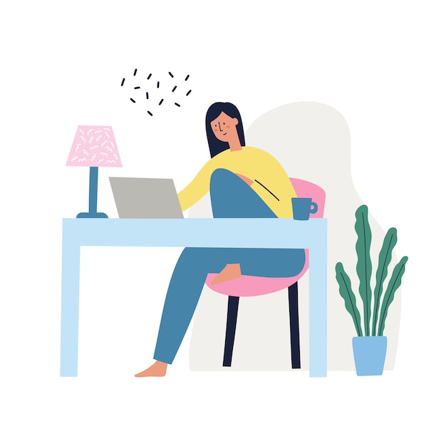 Vector girl sitting at the table working on the laptop. freelance, work at home concept. hand drawn vector illustration.