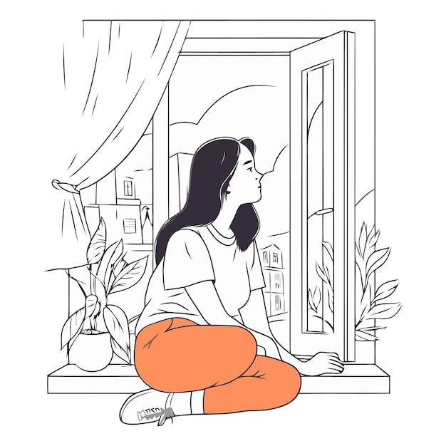 Vector girl sitting on the windowsill and looking out the window