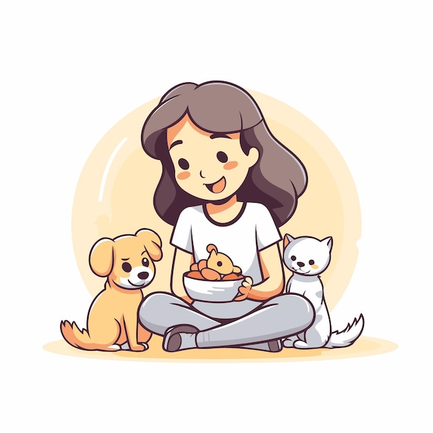 Girl sitting with dog and cat Vector illustration in cartoon style