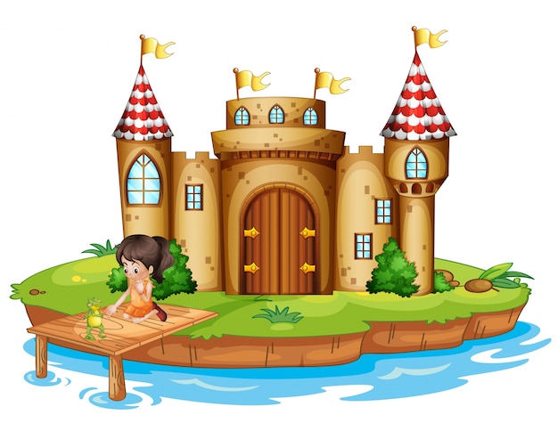 Vector a girl sitting with a frog in front of a castle