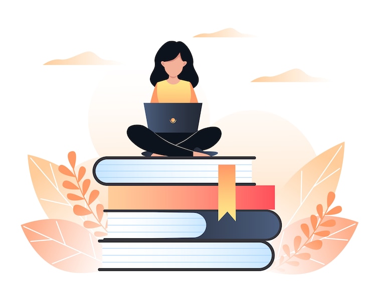 Вектор девушка сидит с ноутбуком на книгах, концепция онлайн-образования