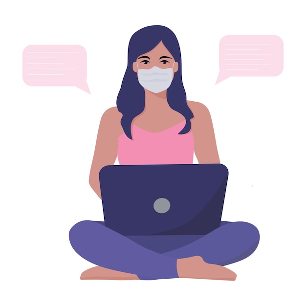 Girl sitting with laptop in lotus pose wearing medical mask Vector flat illustration