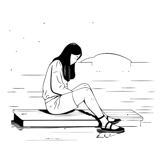 Girl sitting on a wooden pier in the rain