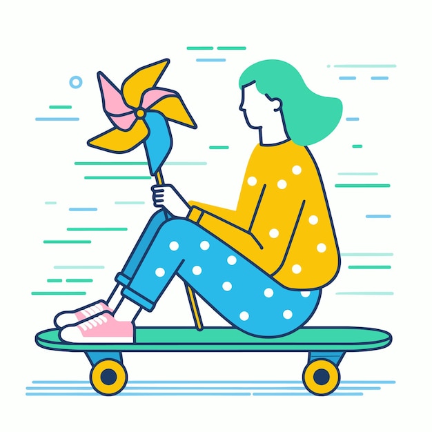 Vector girl on skateboard with pinwheel