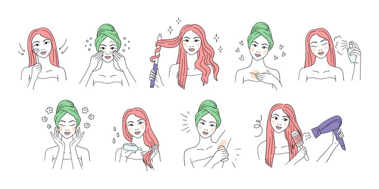 女の子のスキンケアルーチンアイコンセットラインアートスタイル女性の美容手順スキンケアヘアケア