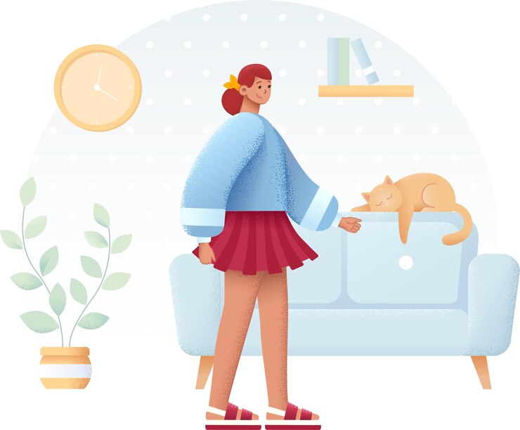 Vector a girl in a skirt and a cat in a room with a clock on the wall