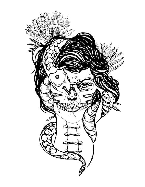 少女の頭蓋骨のヘビと花死者の日のための女性の頭の骨格DiaDeLosMuertosメキシコのお祝い