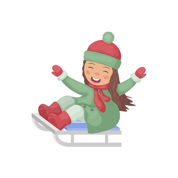 Девушка на санях милая девушка в мультяшном стиле сидит на санях зимняя иллюстрация с веселой ги