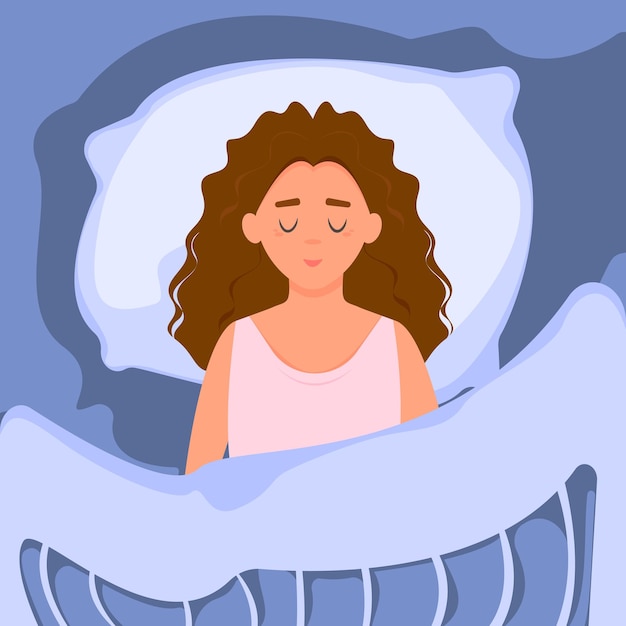 Vector girl sleeping in bed under the covers healthy sleep concept pretty woman is sleeping on a pillow