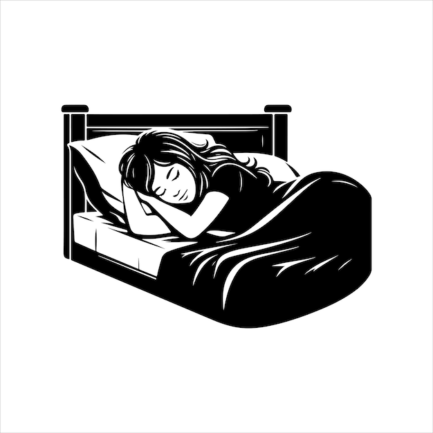 침대에 자고 있는 소녀 실루 배경 터 일러스트레이션