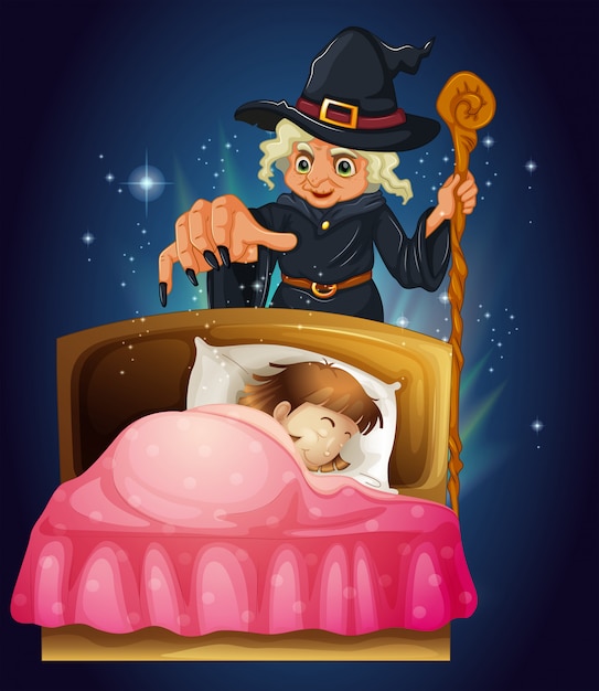 A girl sleeping with a witch at the back