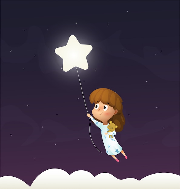 Vector girl sleeps and flying through the night sky in her dream