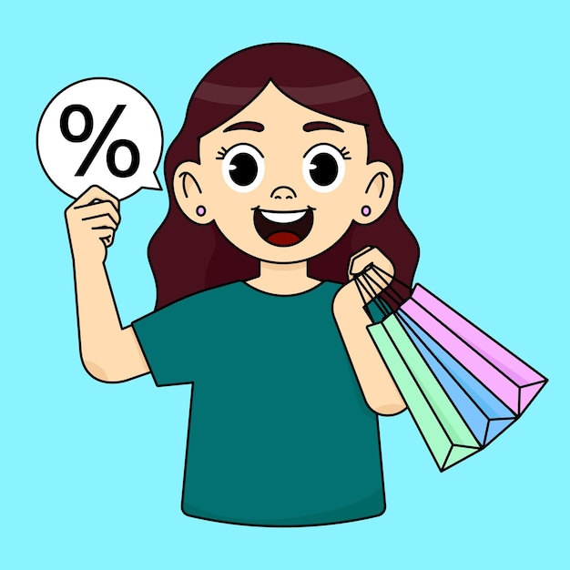 Girl smiling holding shopping bags and holding white mini banner with black percent sale