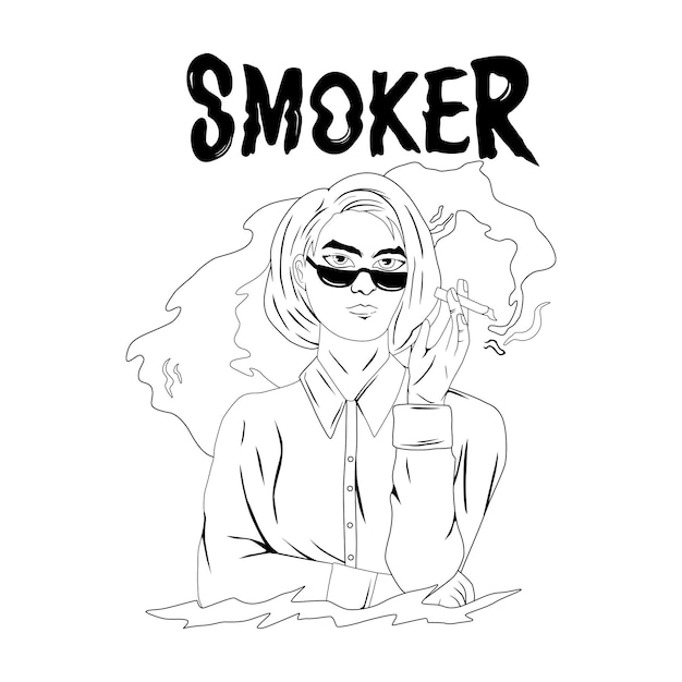 Vector girl smoking illustration black and white for tshirt